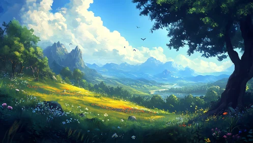 Sunlit valley trail under towering clouds and distant peaks.