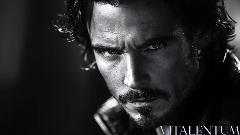 Monochrome close-up of intense male face in profile view.