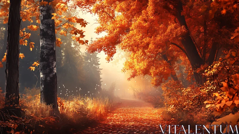 Golden Forest Path Glowing in Warm Autumn Light.