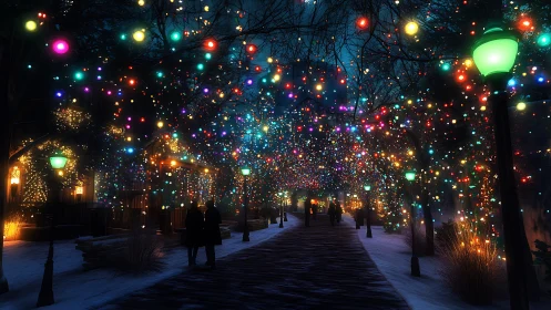 Digital painting of winter walkway under dense festive lights.