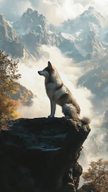Lone mountain wolf soaking in sunrise above drifting clouds.