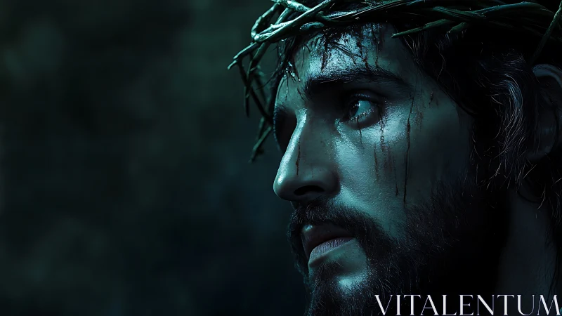 Cinematic low-key portrait with thorn crown and blood traces.