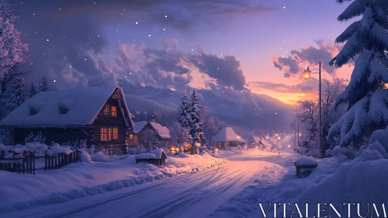 Snow-covered village road is shown at dusk in winter