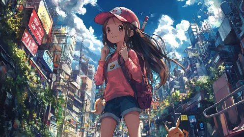 Anime cityscape with Pokemon trainer girl in sunlit urban street
