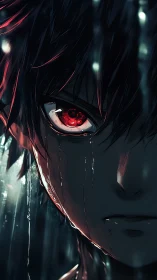 Rain-soaked anime boy stares ahead with a burning red eye