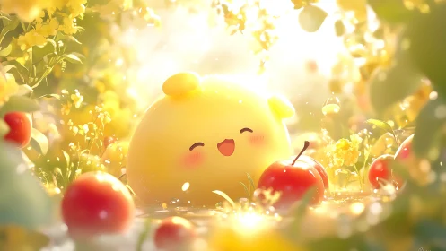 Sunlit yellow blob character in dreamy apple meadow.