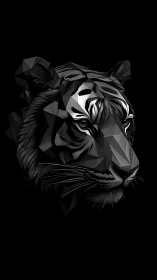 Geometric monochrome tiger portrait in faceted low-poly design.