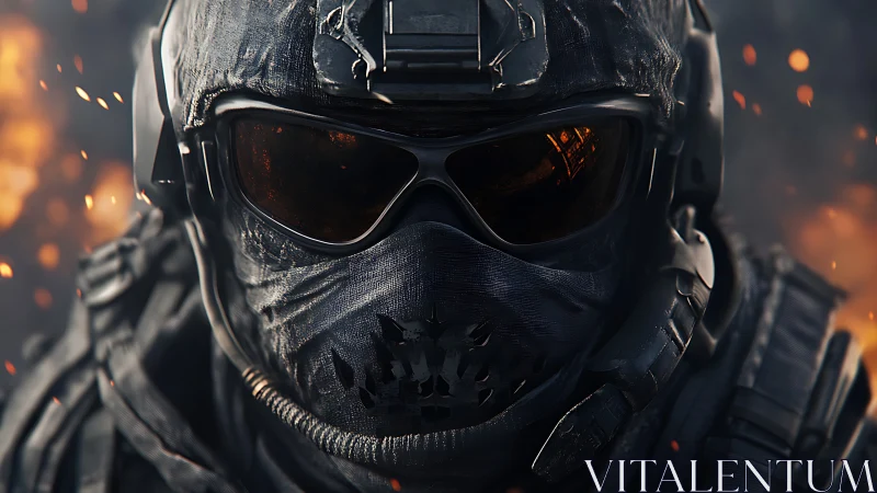 Armored tactical soldier stands amid blazing battlefield