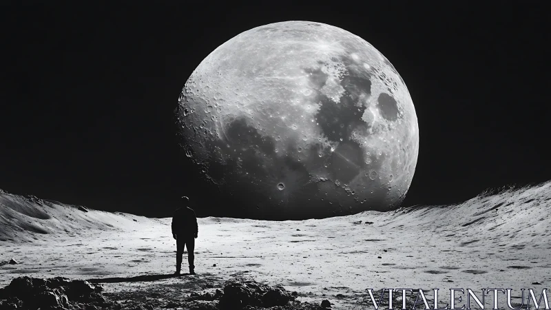 Solitary figure under colossal moon on lunar plain.