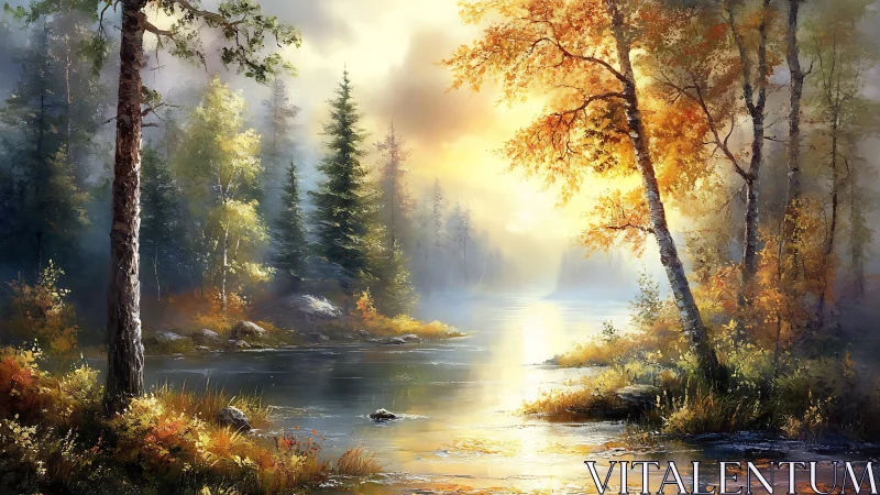 Sunlit autumn river landscape with misty forest glow.