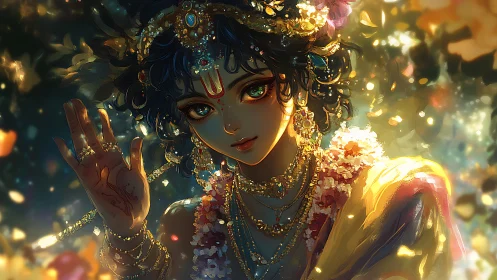 Divine jeweled figure with luminous eyes in golden glow.