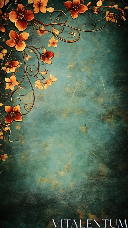 Golden blossoms curl gently over a weathered teal sky