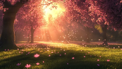 Sunlit cherry blossom grove glows in drifting petals.