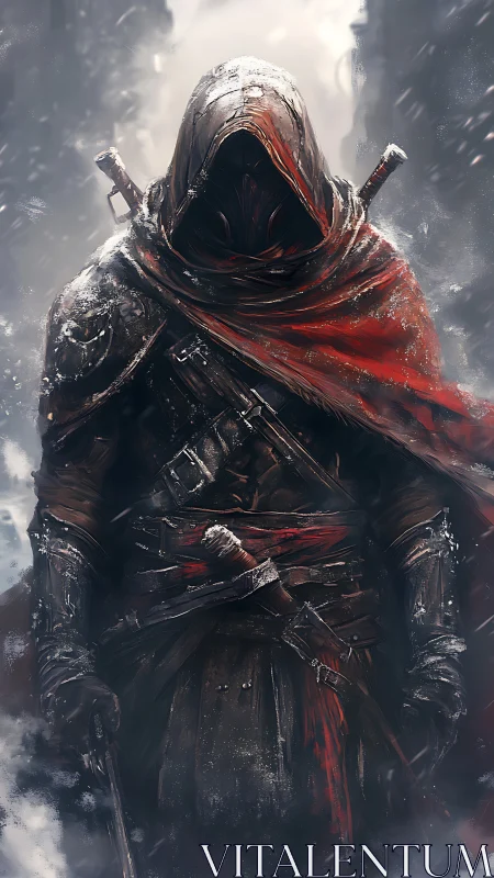 Hooded armored warrior stands in snow with red cloak