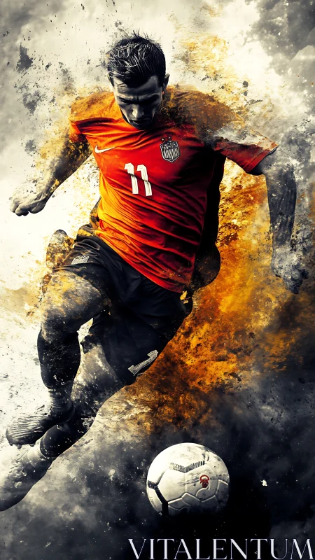Soccer player in mid-air kick with abstract particle effect.