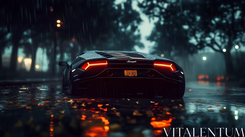 Rear view sports car on wet city street at night in rain.