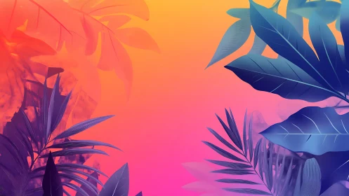 Tropical foliage silhouettes on vibrant magenta orange gradient