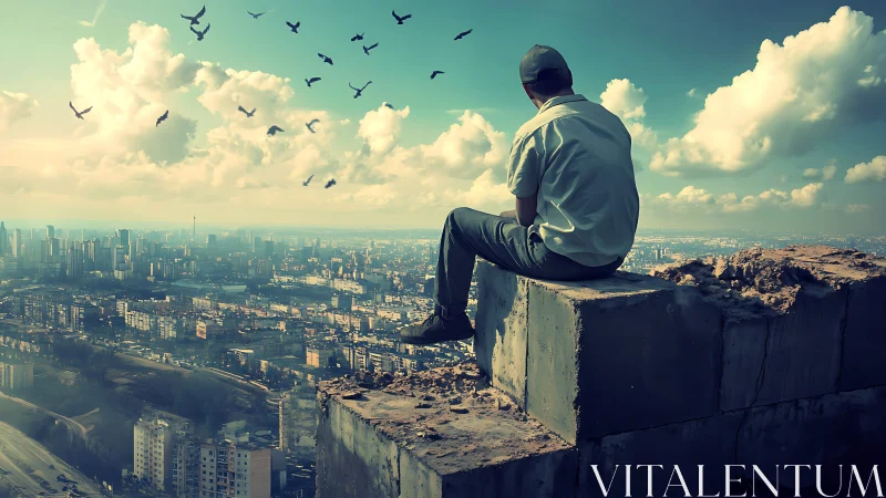 Man sitting on concrete ledge overlooking vast cityscape.