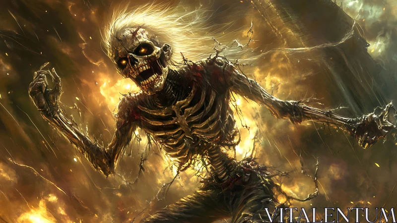 Flaming skeletal wraith erupts from molten inferno sky.