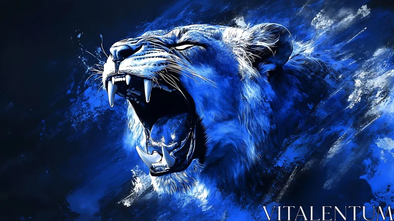 Snarling Big Cat Face Digital Portrait in Blue Tones