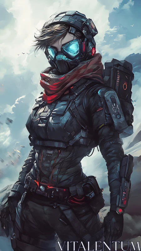 Fearless sci fi scout standing tall beneath stormy skies.