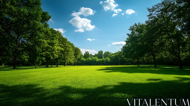 Sunlit green park meadow under bright summer blue sky.