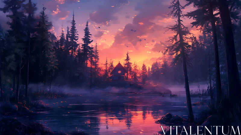 Sunset refuge cabin mirrored on tranquil forest lake.