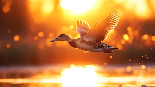 Wild duck in dynamic sunrise backlight captures fluid motion