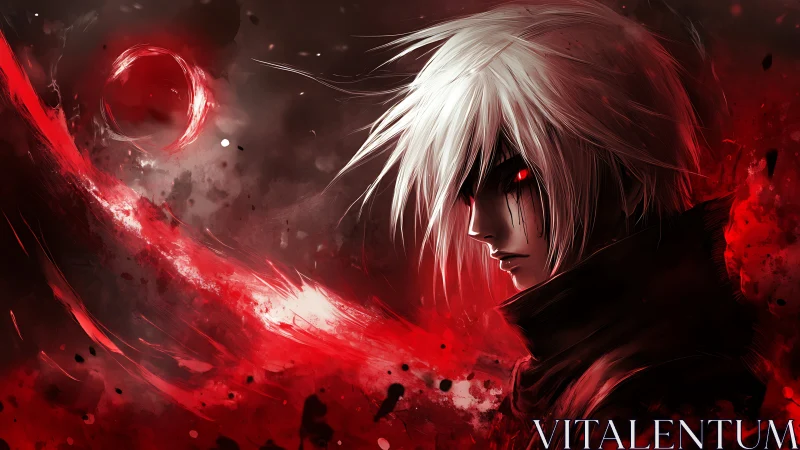 White-haired antihero glares through crimson inferno storm.