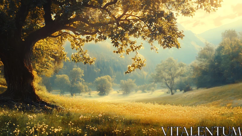 Golden meadow landscape under sprawling oak canopy