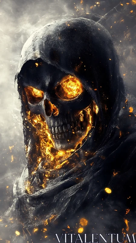 Flaming skeletal reaper rises through smoke and embers in fury