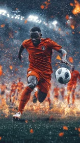 Fiery soccer striker charges forward under stadium lights.