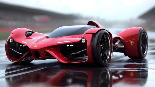 Scarlet hypercar skims wet asphalt like liquid lightning