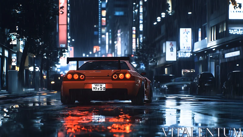 Red sports coupe on wet neon-lit city street at night.