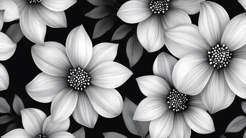 Monochrome Petals Dance: Blooms Against Black Void.