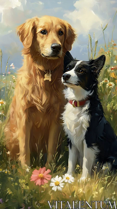 Two dogs in flowered meadow under soft daylight sky.