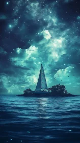Nocturnal sailboat framed by bioluminescent sea and star clouds