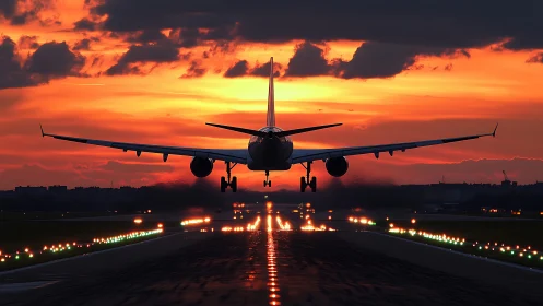 Passenger jet lands against a blazing sunset sky at dusk