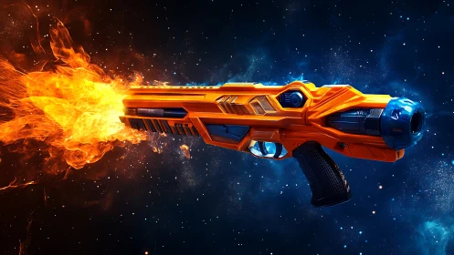 Futuristic plasma blaster discharging flaming projectile in space
