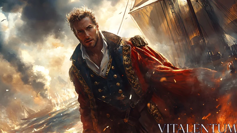 Naval officer in ornate uniform moves through burning ship deck