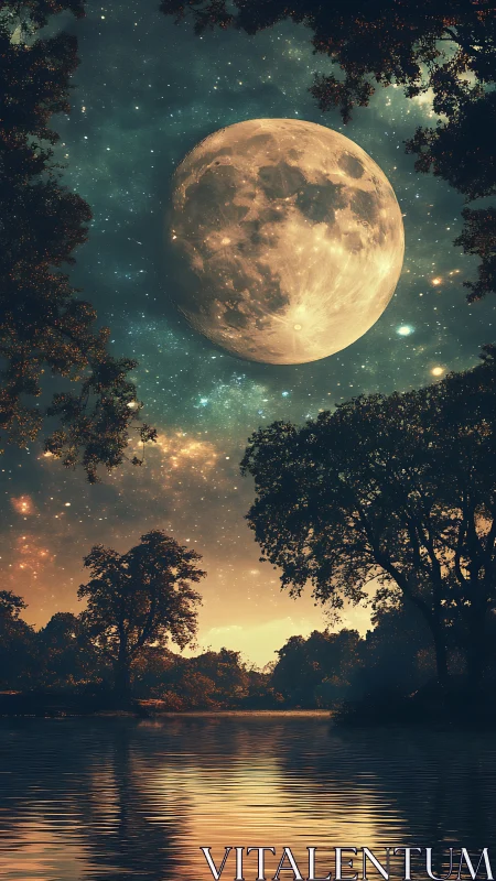 Moonlit forest lake glows gently under a dreamy night sky
