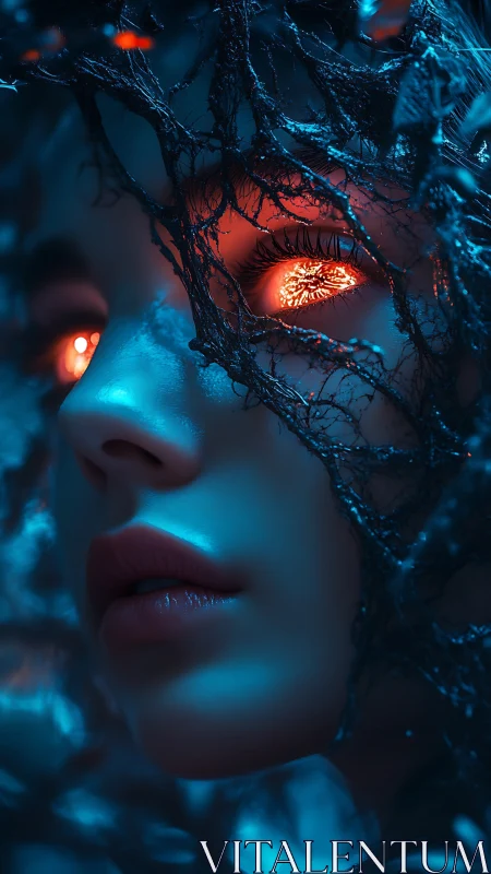 Cybernetic forest nymph portrait with bioluminescent eyes