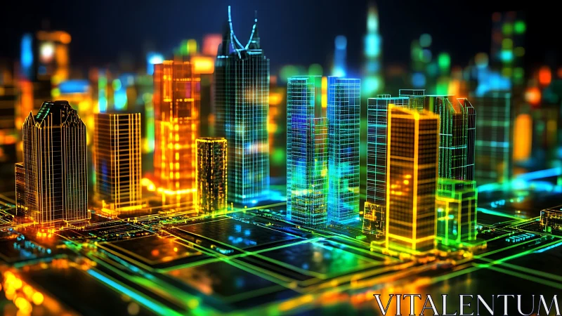 Neon wireframe skyscraper grid maps digital circuit city.