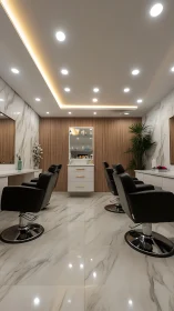 Modern salon interior with marble floor and styling chairs.