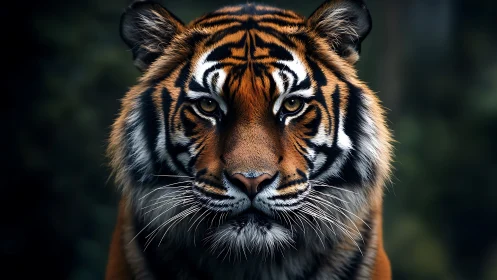 Front-facing tiger portrait under low-key forest lighting