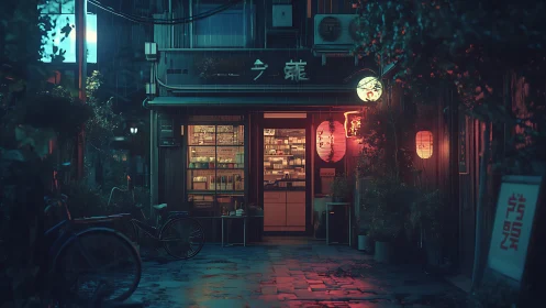 Nighttime alley storefront with lanterns and bicycles.