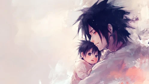 Softly held, gently guarded: quiet anime parent and child.