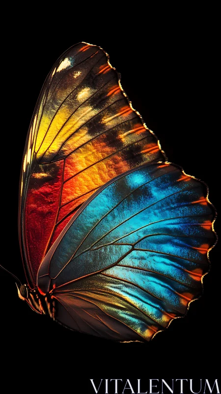 Radiant butterfly wing glows with fiery gold, red, and blue