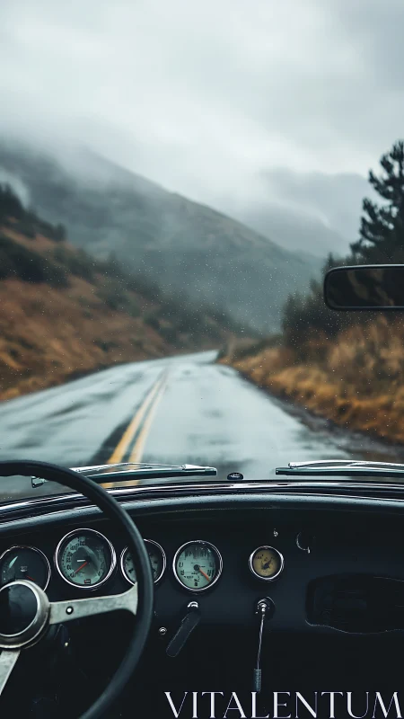 Vintage cockpit overlooking misty wet mountain highway.