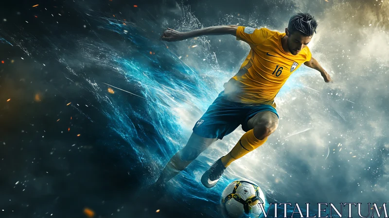 Explosive soccer strike amid swirling blue energy field.